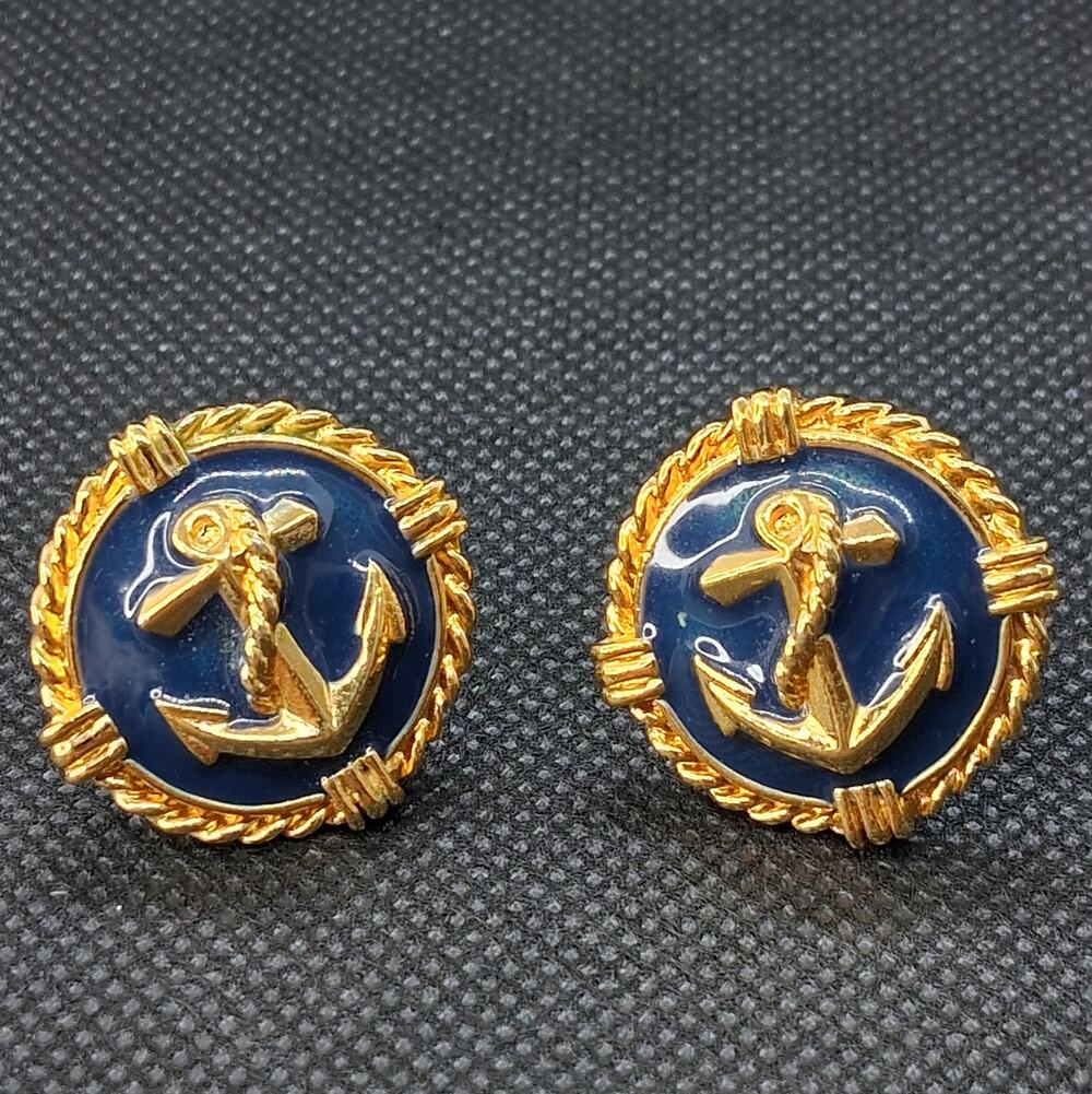 Vintage Nautical Anchor Clip On Earrings Gold Tone Navy Blue